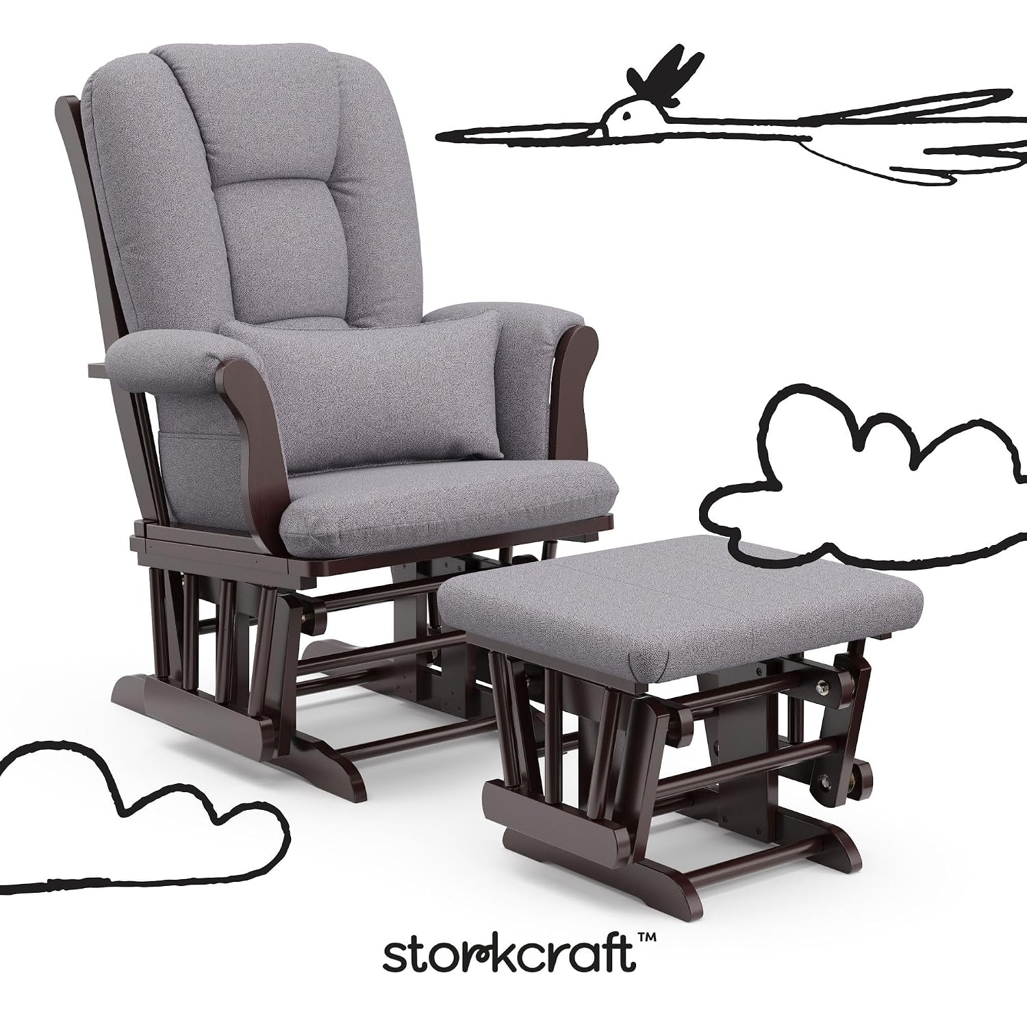 Storkcraft Tuscany Glider & Ottoman with Lumbar Pillow, Espresso/Gray Swirl