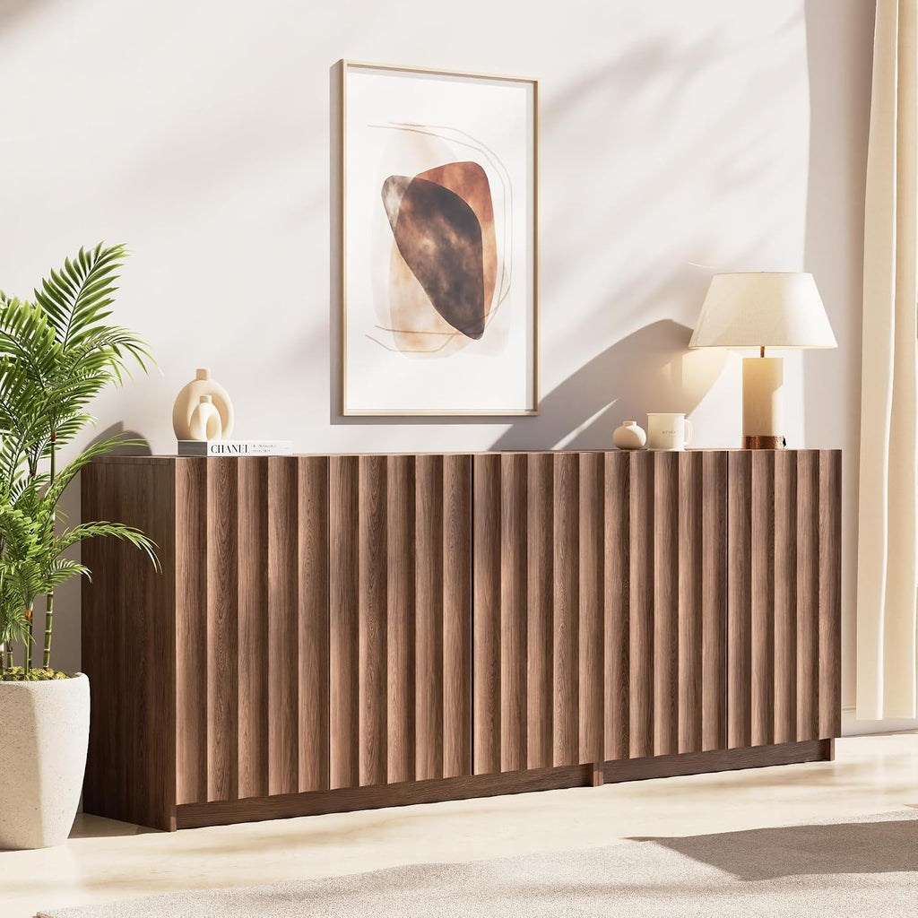 Fluted Sideboard Buffet Cabinet with Storage, 78.7" Wide Mid Century Modern Accent Cabinet with Adjustable Shelves, Wood Modular Credenza Storage Cabinet for Living Room, Entryway