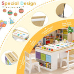 Kids Art Table and 2 Chairs Set, Wooden Craft Desk with 2 Storage Shelves, 6 Storage Bins & Paper Roll for Drawing, Learning and Reading, Toddler Activity Play Desk for Home, 47 L x23 W