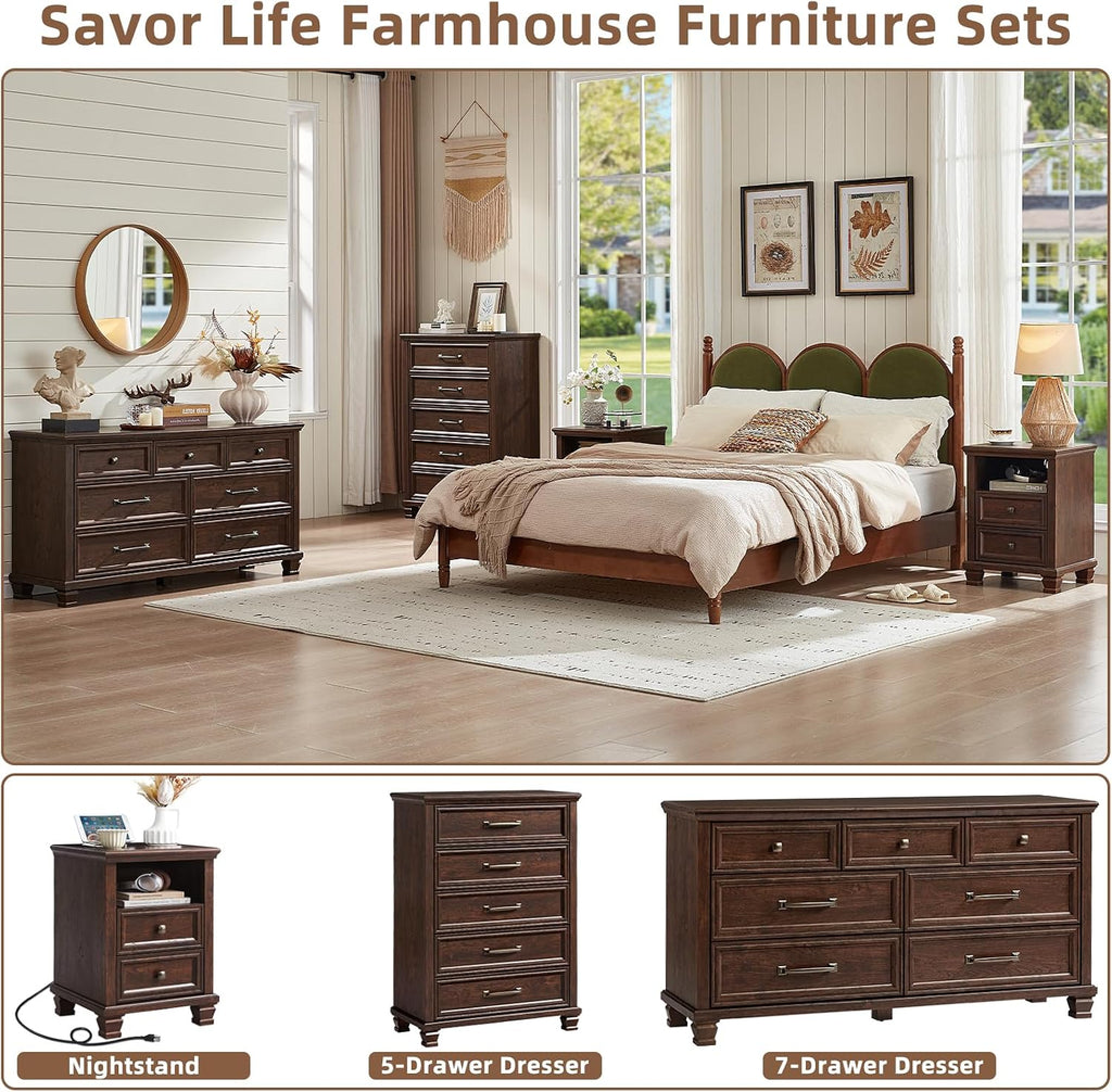 SAVOR LIFE Farmhouse Nightstand with Charging Station, Walnut | End Tables Bedroom with 2 Drawers, Traditional Night Stand with Open Shelf & Thickened Top & Square Wooden Legs