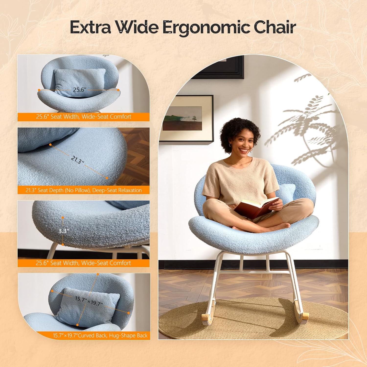VINGLI 25.6" Extra Wide Criss Cross Nursery Rocking Chair,Cute Curved 115° Reclining Armless Glider,Teddy Small Rocker w/Pillow & Solid Wood for Indoor,Bedroom, Living Room,Teddy Fleece,Sky Blue