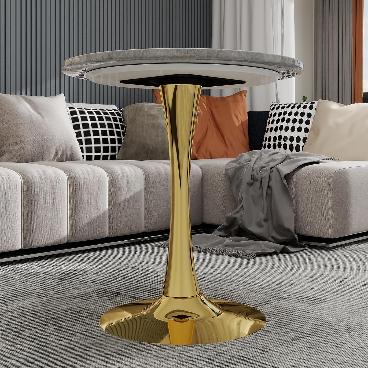 JOSHEN 28" Marble-Effect Bedside Table, Small Sofa Side Tables with Stable Pedestal, Small Sofa Couch Table with Smooth Surface for Living Room, Golden