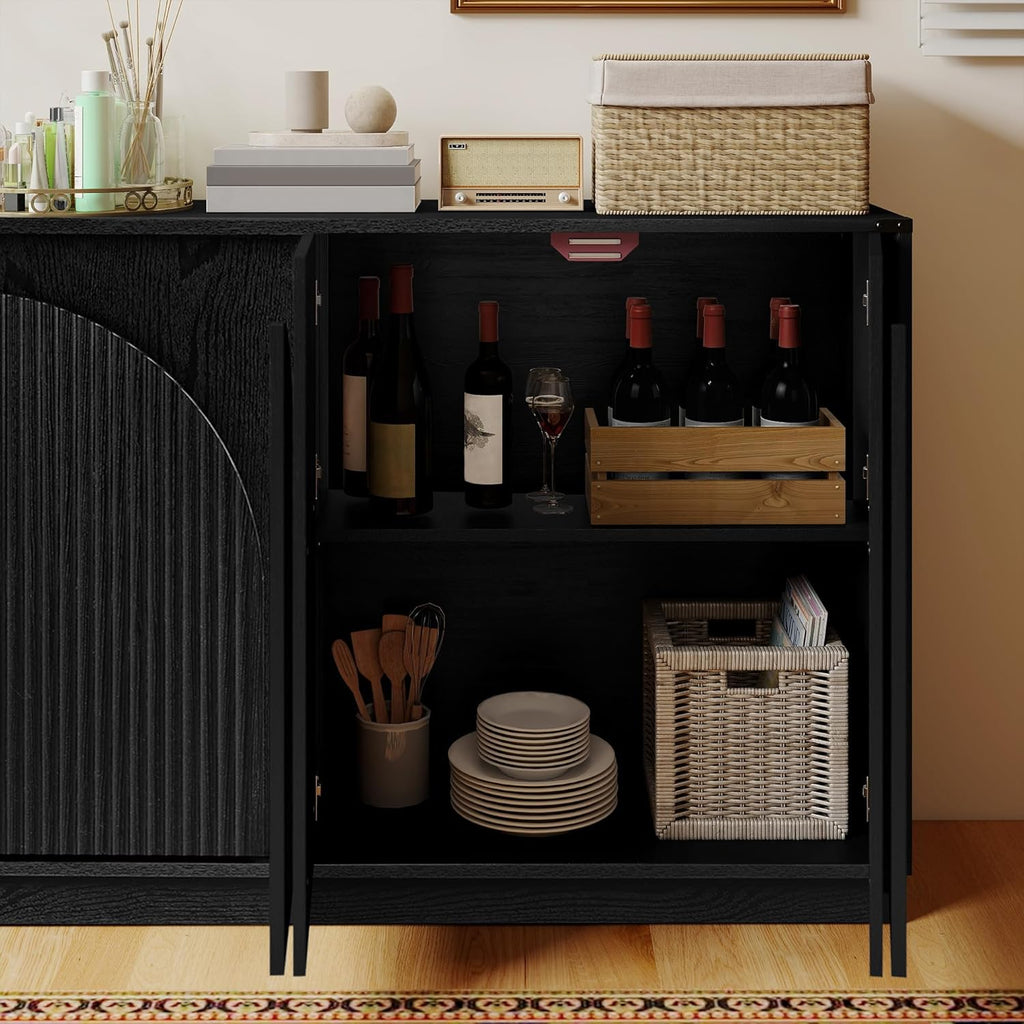 Real Relax 65 Inch Fluted Buffet Cabinet with Storage, Modern Symmetrical Arc Accent Sideboard Large Console Table for Living Room, Hallway, Entryway, 330LBS (Black)