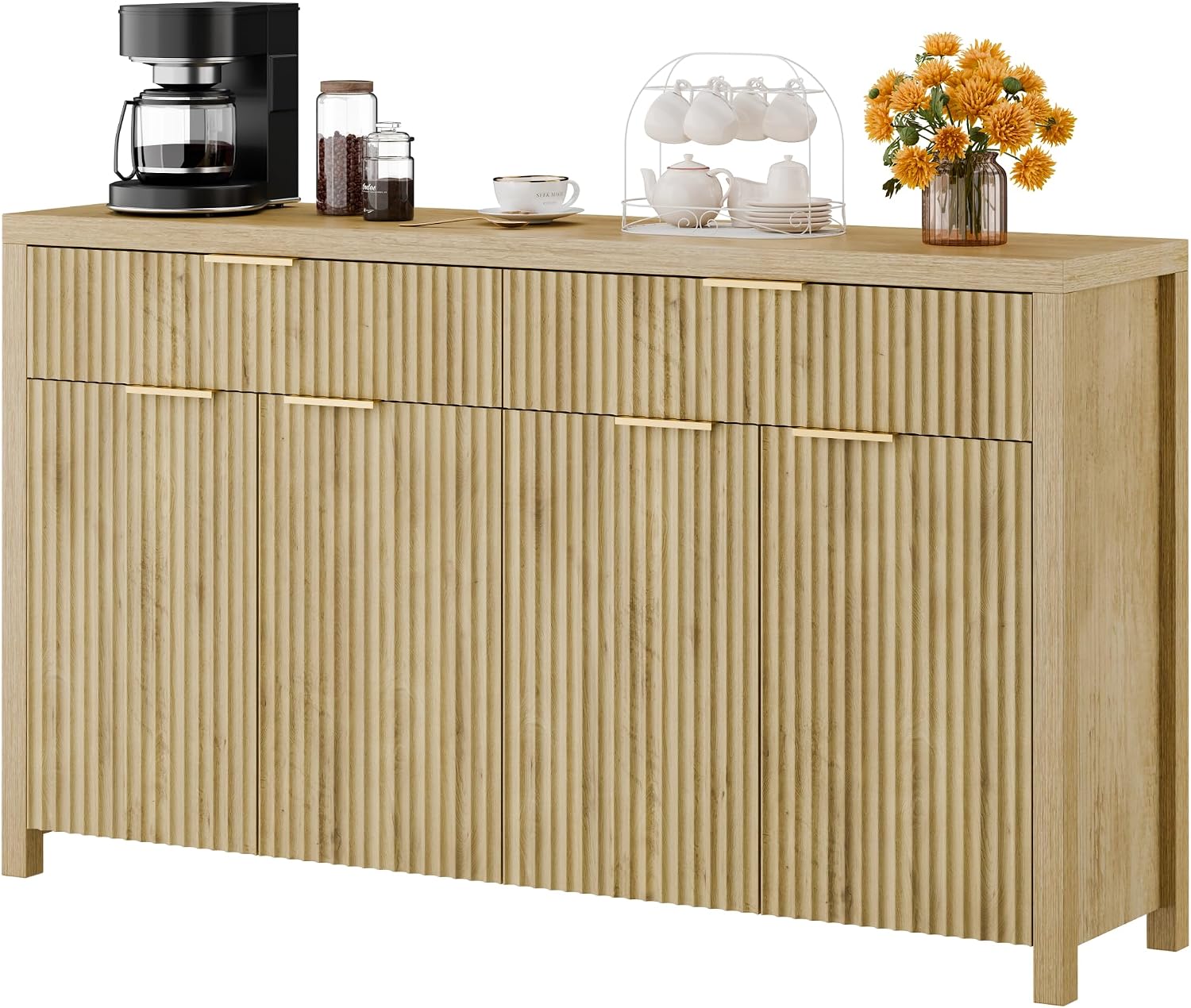 Lulive Fluted Buffet Cabinet with Storage 55 inch Wood Large Sideboard with Adjustable Shelves for Entryway Kitchen Living Room, Natural