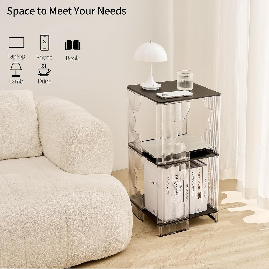 UMAIL End Table Set of 2, 3-Tier Nightstand with Clear Fluted Stripe Design, Narrow Side Table for Living Room, Bedroom, 13" D x 13" W x 26" H, Black