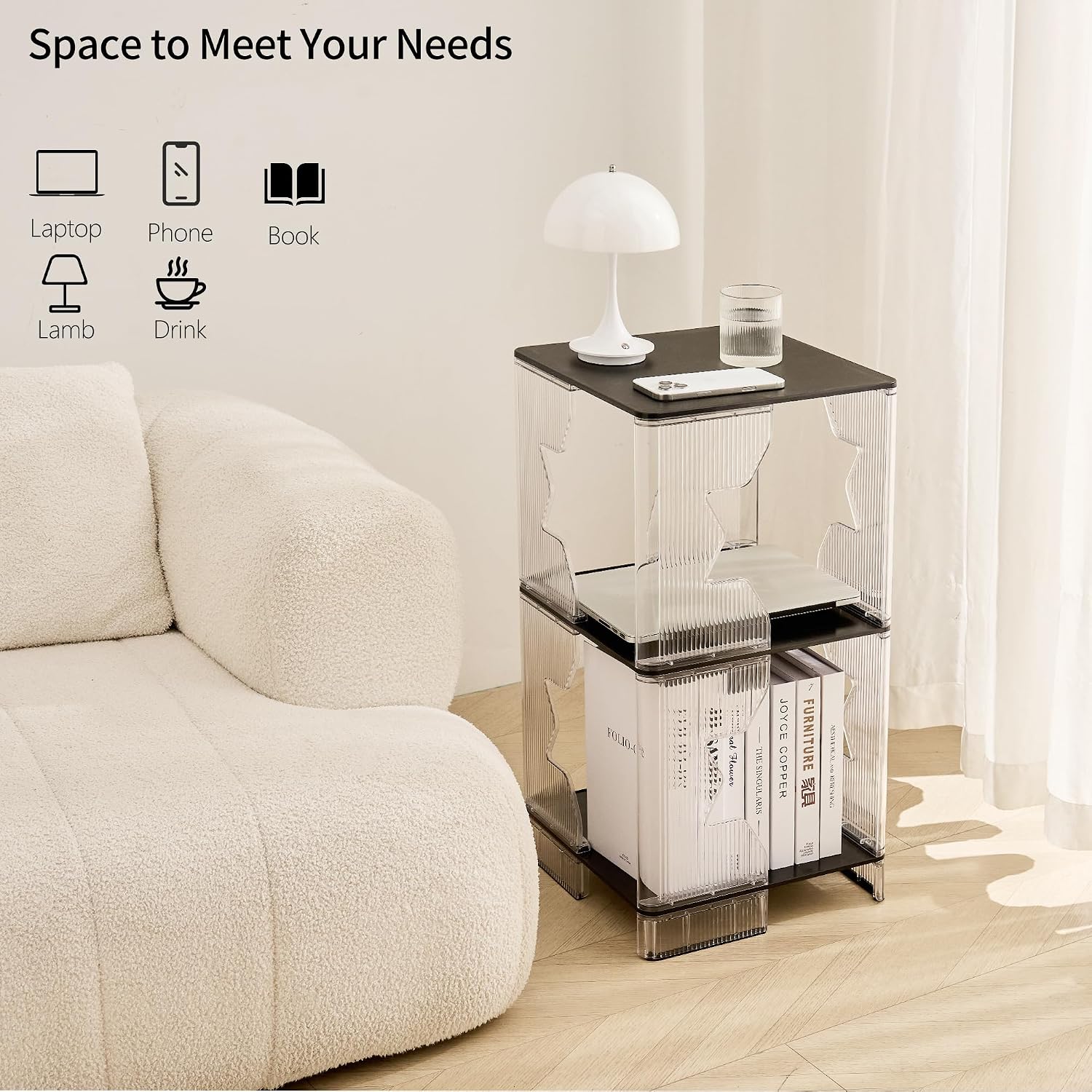 UMAIL End Table Set of 2, 3-Tier Nightstand with Clear Fluted Stripe Design, Narrow Side Table for Living Room, Bedroom, 13" D x 13" W x 26" H, Black