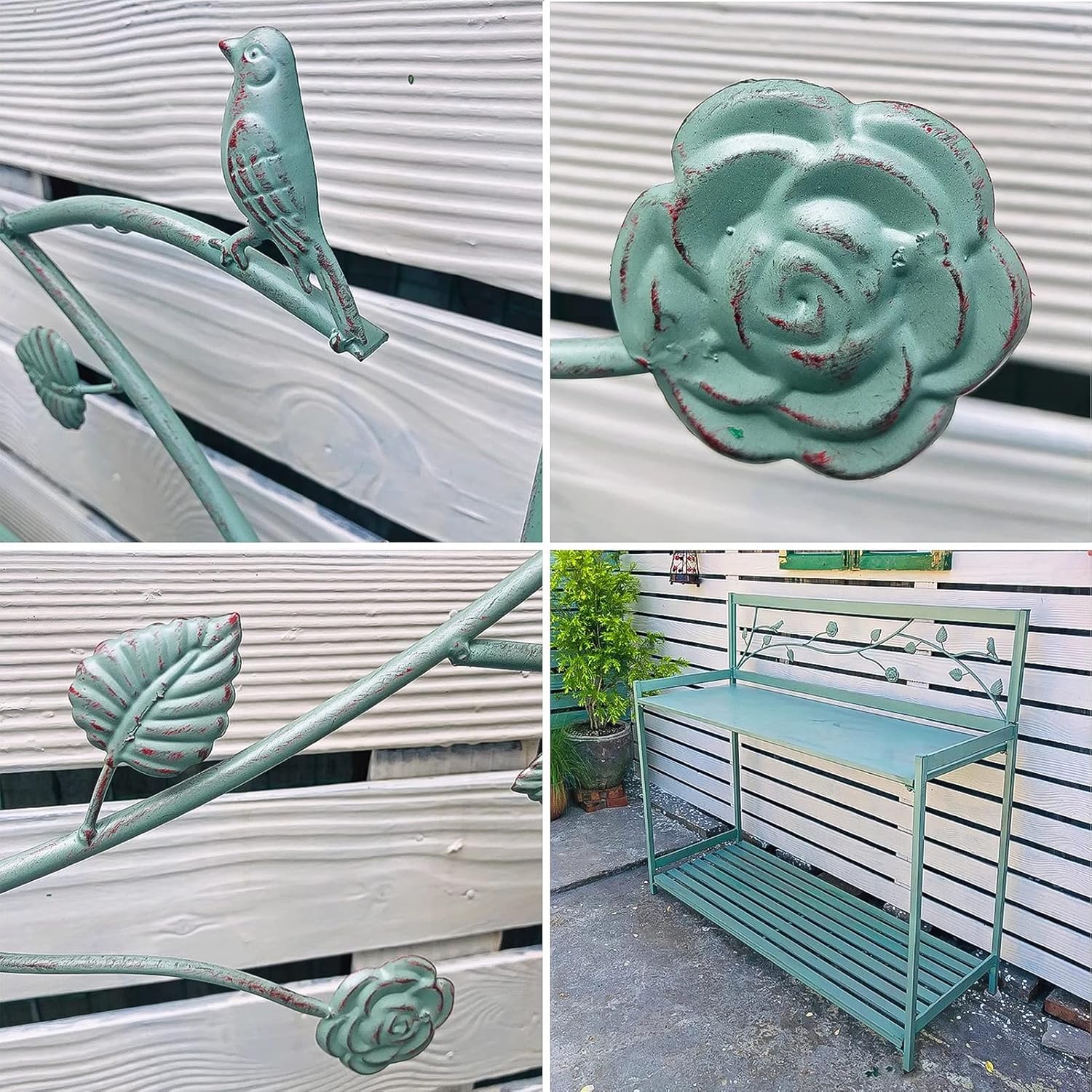 Potting Bench, Outdoor Patio Metal Potting Table with 2- Tier Open Shelf, Garden Work Station Table for Planting (Color : Green, Size : 126.5x45x115.5cm)