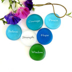 The Mermaid's Message I, Frosted Sea Glass Stones, Six Inspiring Words in Beach Colors, by Lifeforce Glass.