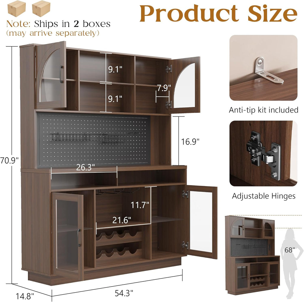 Kitchen Pantry Storage Cabinet, 71" Tall Kitchen Cabinets with Countertop & Shelves, Coffee Bar Cabinet with Charging Station/LED Light, Pantry Cabinets for Kitchen Storage,Walnut