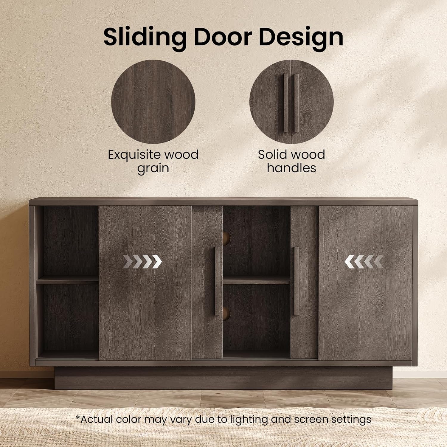 ModernMate 63'' Sideboard Buffet Cabinet with 4 Sliding Doors, Wood Credenza Storage Cabinet with Pedestal Base, Large Side Board with Adjustable Shelf for Living Room, Kitchen, Hallway, Dark Walnut