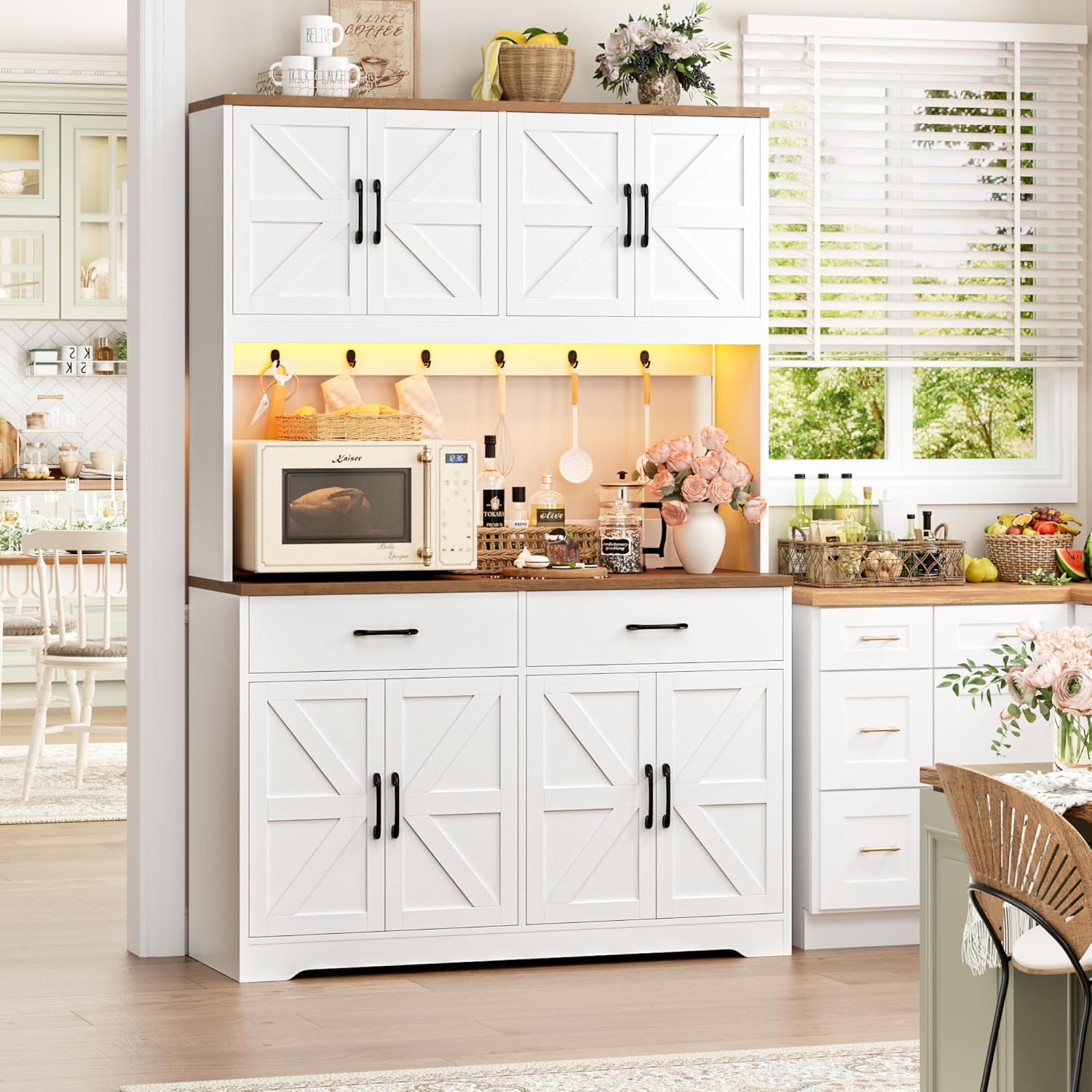 HIFIT 71" Tall Kitchen Pantry Cabinet with RGB LED and Charging Station, Farmhouse Coffee Bar Cabinet with Large Countertop and 6 Hooks, Kitchen Hutch Storage Cabinet, White