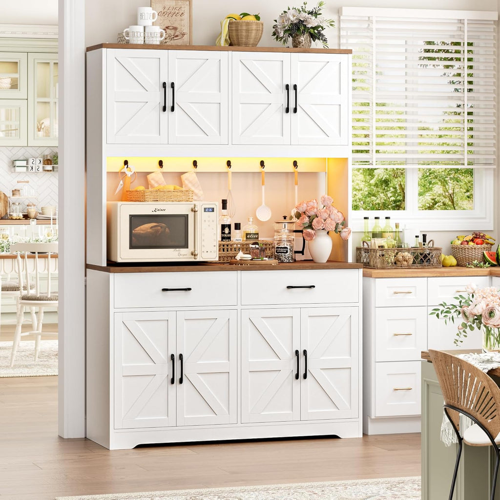 HIFIT 71" Tall Kitchen Pantry Cabinet with RGB LED and Charging Station, Farmhouse Coffee Bar Cabinet with Large Countertop and 6 Hooks, Kitchen Hutch Storage Cabinet, White