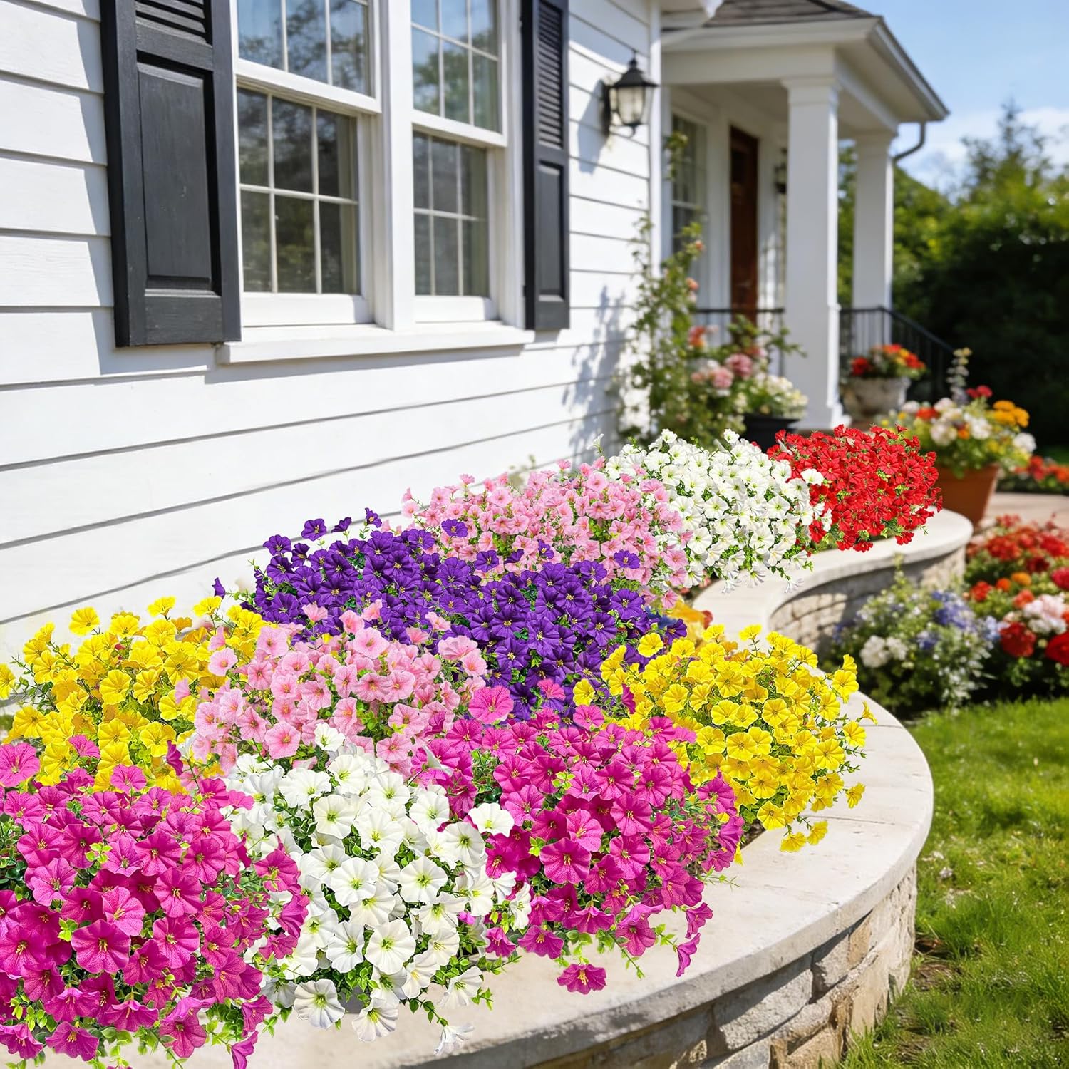 Ouddy Decor 24 Bundles Artificial Flowers for Outdoors, Fake Petunias Flowers Silk Morning Glory with Eucalyptus Faux Plants for Indoor Outside Spring Summer Yard Garden Porch Home Decor, Multicolor