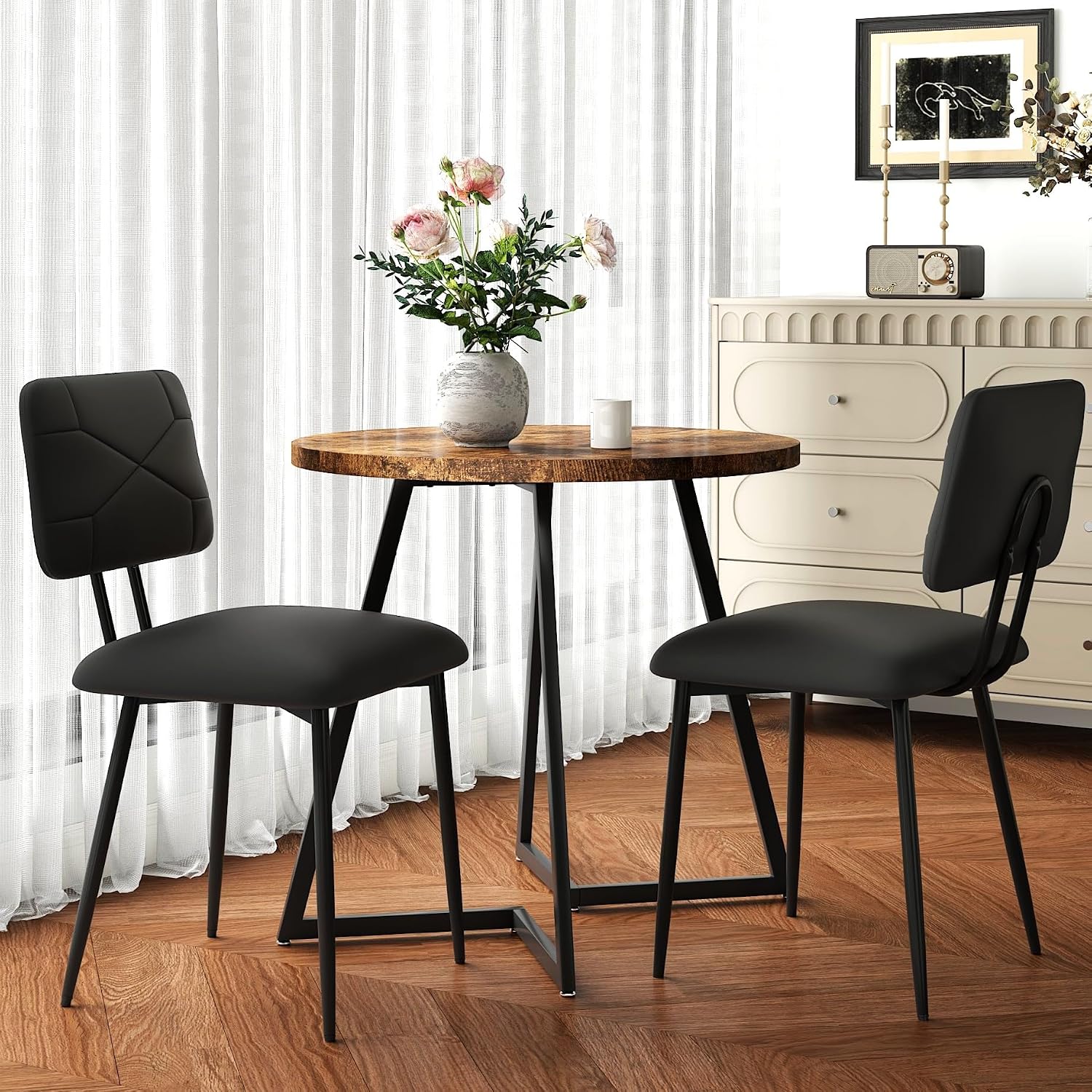 VECELO Dining Chairs Set of 2, Modern Upholstered Kitchen Chairs with Faux Leather Cushion Seat & Metal Legs for Kitchen, Living Room, Tufted Backrest Design, Black