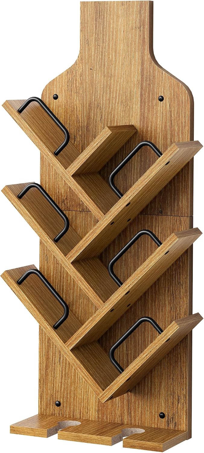 FAVOOSTY Wine Rack Wall Mounted for 6 Wine Bottles, Wall Racks for Wine Bottles Display and Storage with Glass Holder, Wood Wine Rack for Living Room, Dining Room, Wine Cellar, Bar (Light Brown)