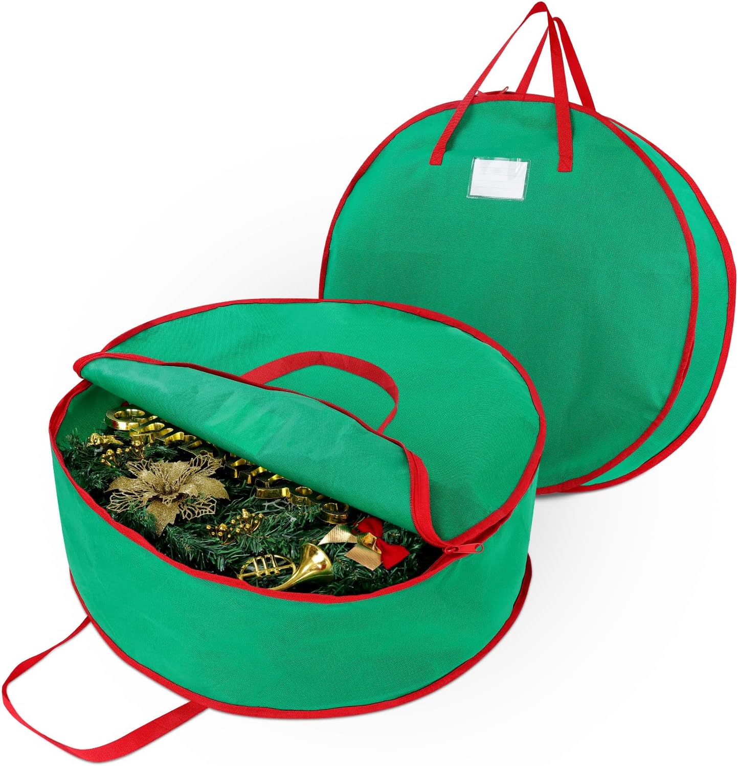 2 Pack Christmas Wreath Storage Container Bag 24", Card Slot Durable Handles and Double Zipper Storage Containers and to Protect Artificial Garland - Green