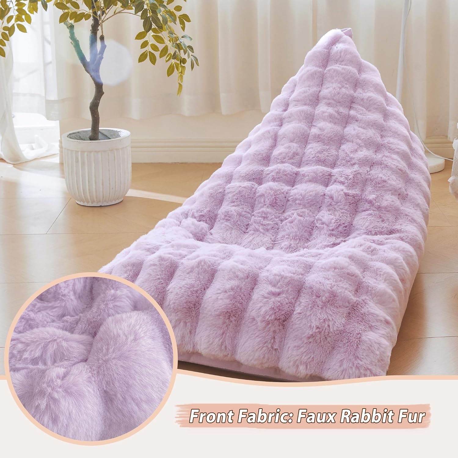 LIFEREVO Faux Rabbit Fur Stuffed Animal Bean Bag Storage (No Filler), Soft Waffle Bubble Beanbag Chair Cover for Cushion Home Decor, Furry Floor Lounger Plush Toys Organizer for Kids Girls, Lavender