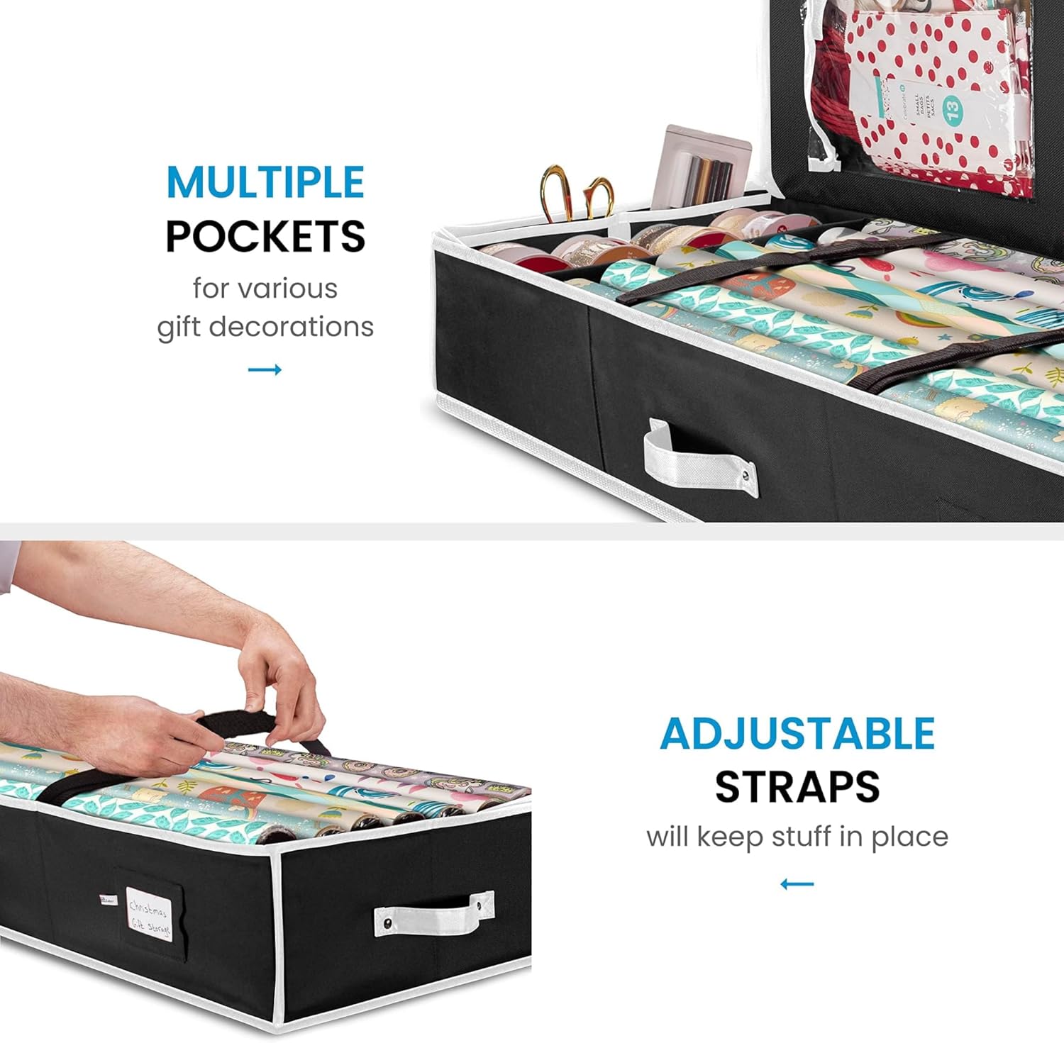 ZOBER Gift Wrapping Paper Organizer Storage - 40" Gift Wrap Storage Containers with Interior Pockets for Bows, Tags & Ribbons - Wrapping Paper Holder, 600D Oxford, Fits 24 Standard Rolls, Black/White