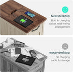 LINSY HOME End Table with Charging Station, Updated Farmhouse Flip Top Sofa Couch Side Table with Cup Holder and Storage Drawer, Wooden Narrow Bedside Nightstand for Living Room, Bedroom, White Oak