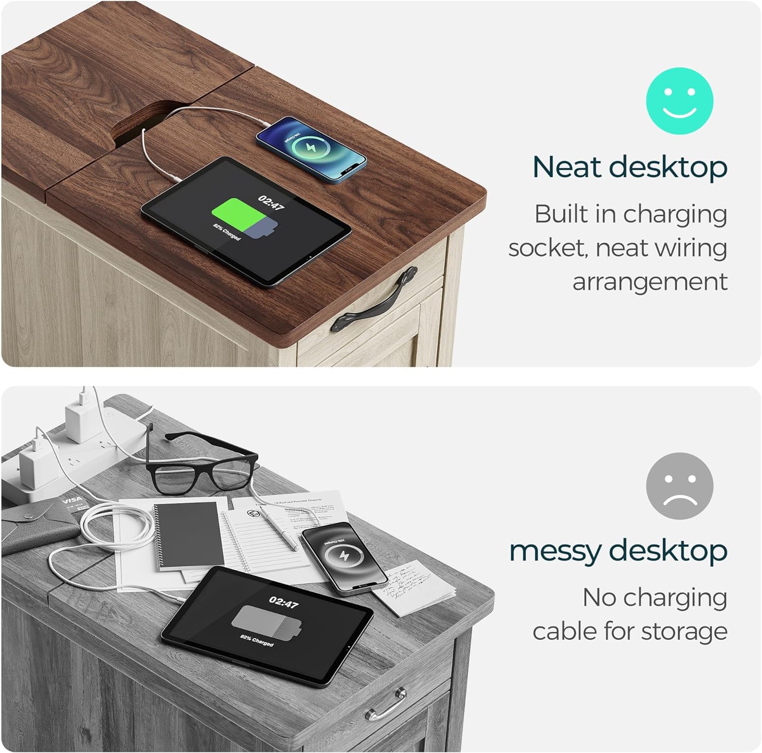 LINSY HOME End Table with Charging Station, Updated Farmhouse Flip Top Sofa Couch Side Table with Cup Holder and Storage Drawer, Wooden Narrow Bedside Nightstand for Living Room, Bedroom, White Oak