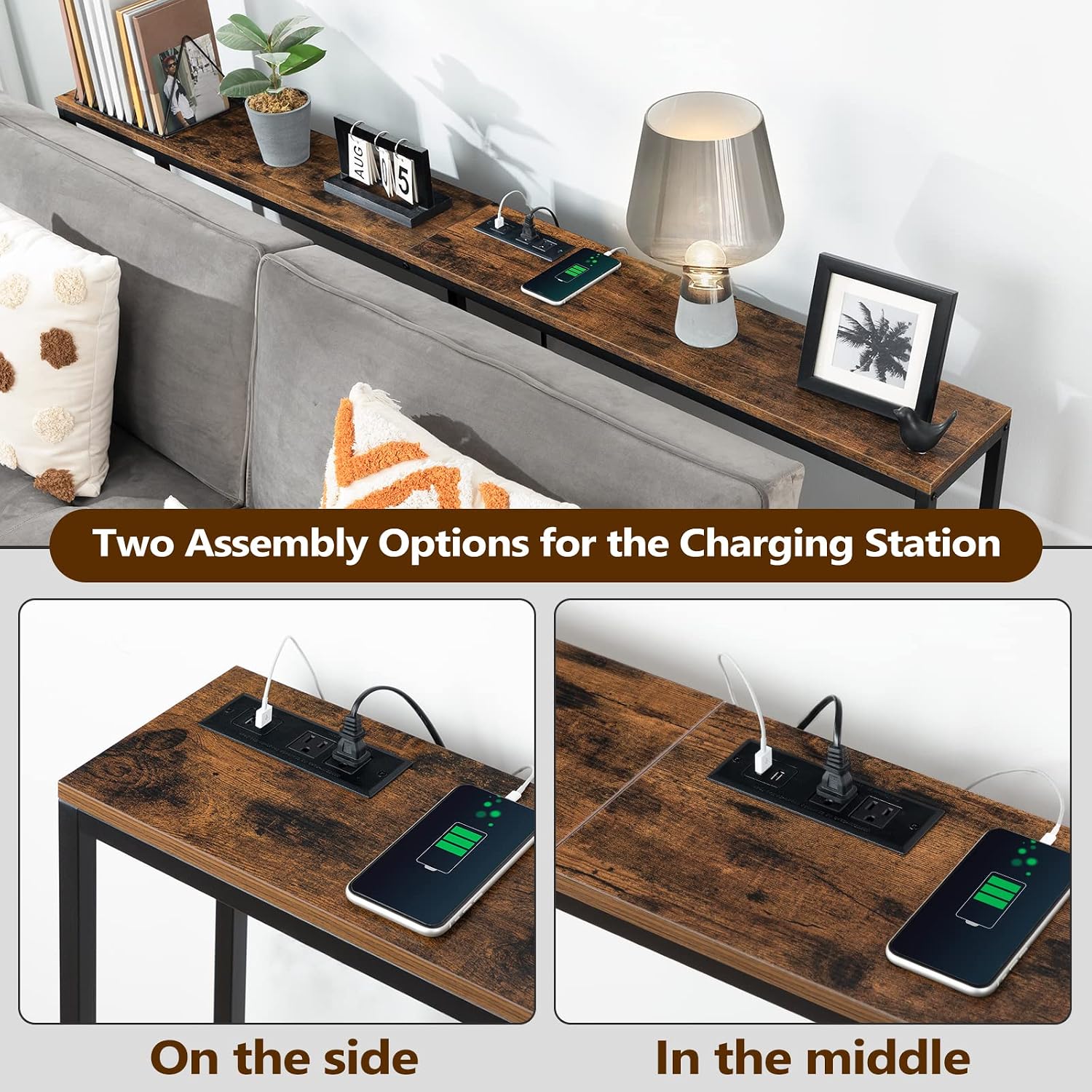 MAHANCRIS 70.9'' Console Table with Power Outlet, Narrow Sofa Table with Charging Station, Skinny Behind Couch Table for Entryway, Hallway, Foyer, Living Room, Rustic Brown CTHR18E01Z1