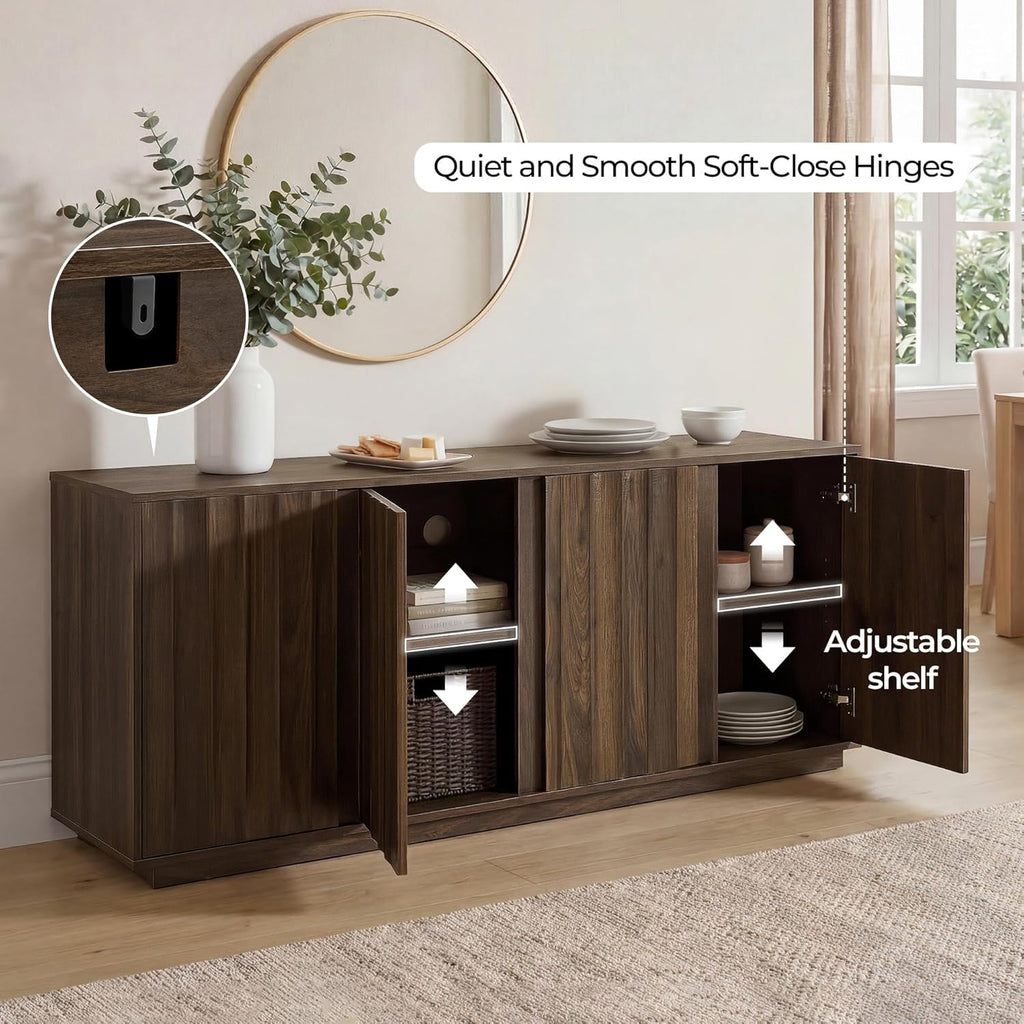 CHITA 63" Sideboard Buffet Cabinet with Storage, Wooden Console Cabinet with 4 Tereoscopic Wavy Door Panels & Adjustable Shelves, Storage Credenzas for Living Room, Kitchen, Hallway, Walnut