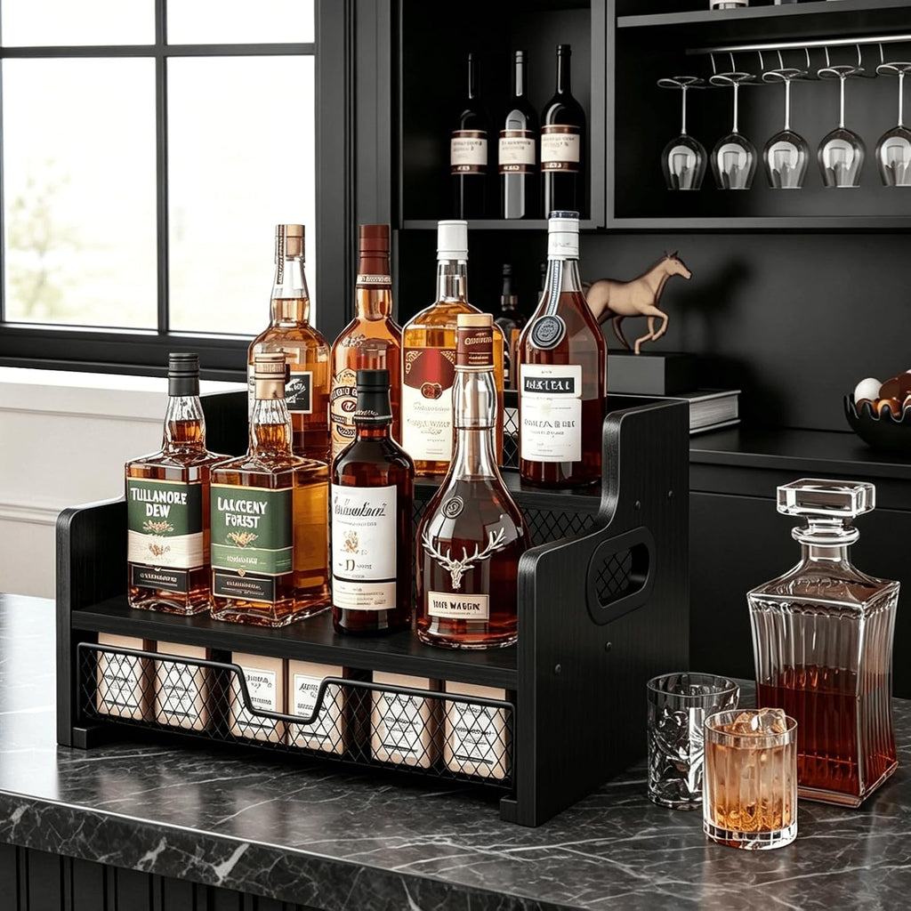 Homode Coffee Syrup Organizer Rack, 3-Tier Syrup Holder Stand with 35 K Cup Storage Drawer, 8 Bottles Capacity, Wood Shelf Liquor Wine Rack for Coffee Bar Countertop, Black