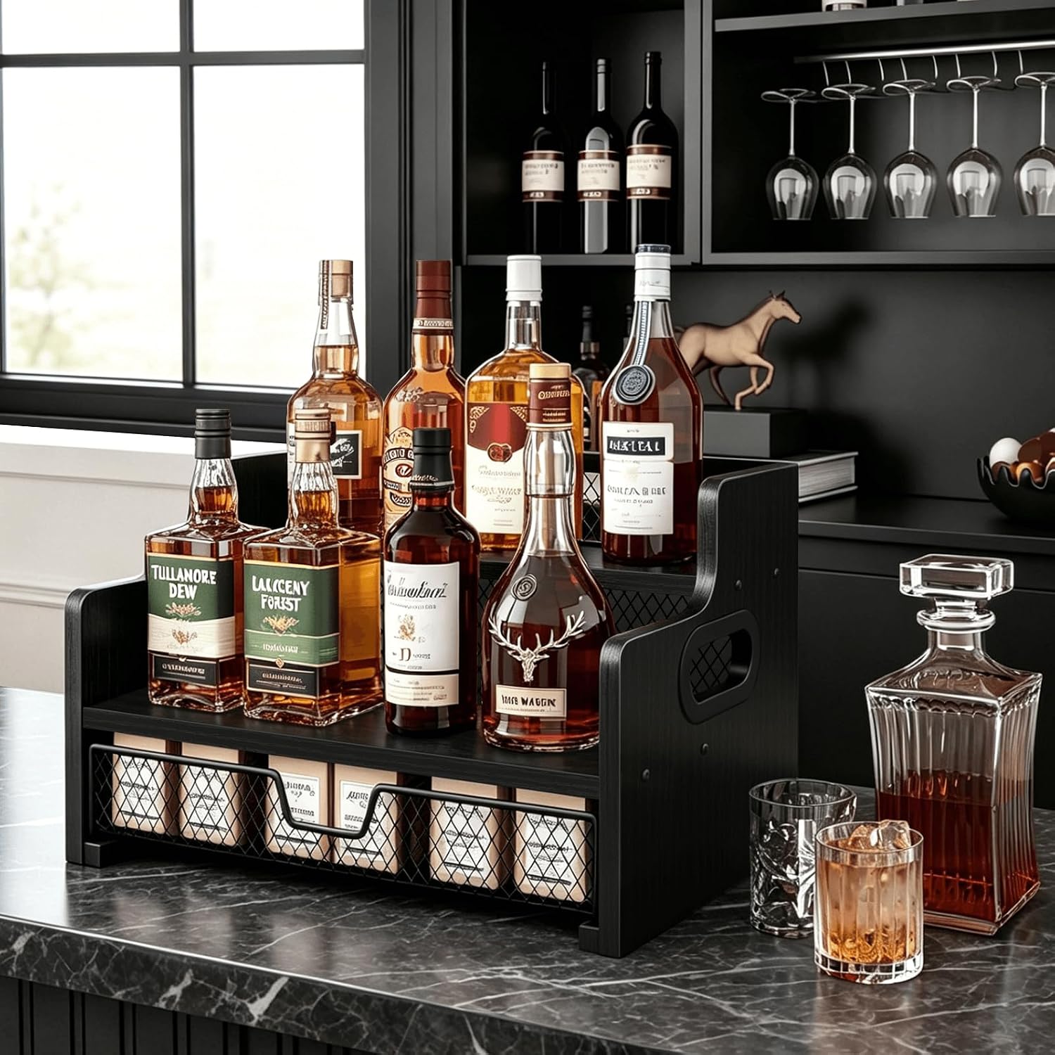 Homode Coffee Syrup Organizer Rack, 3-Tier Syrup Holder Stand with 35 K Cup Storage Drawer, 8 Bottles Capacity, Wood Shelf Liquor Wine Rack for Coffee Bar Countertop, Black