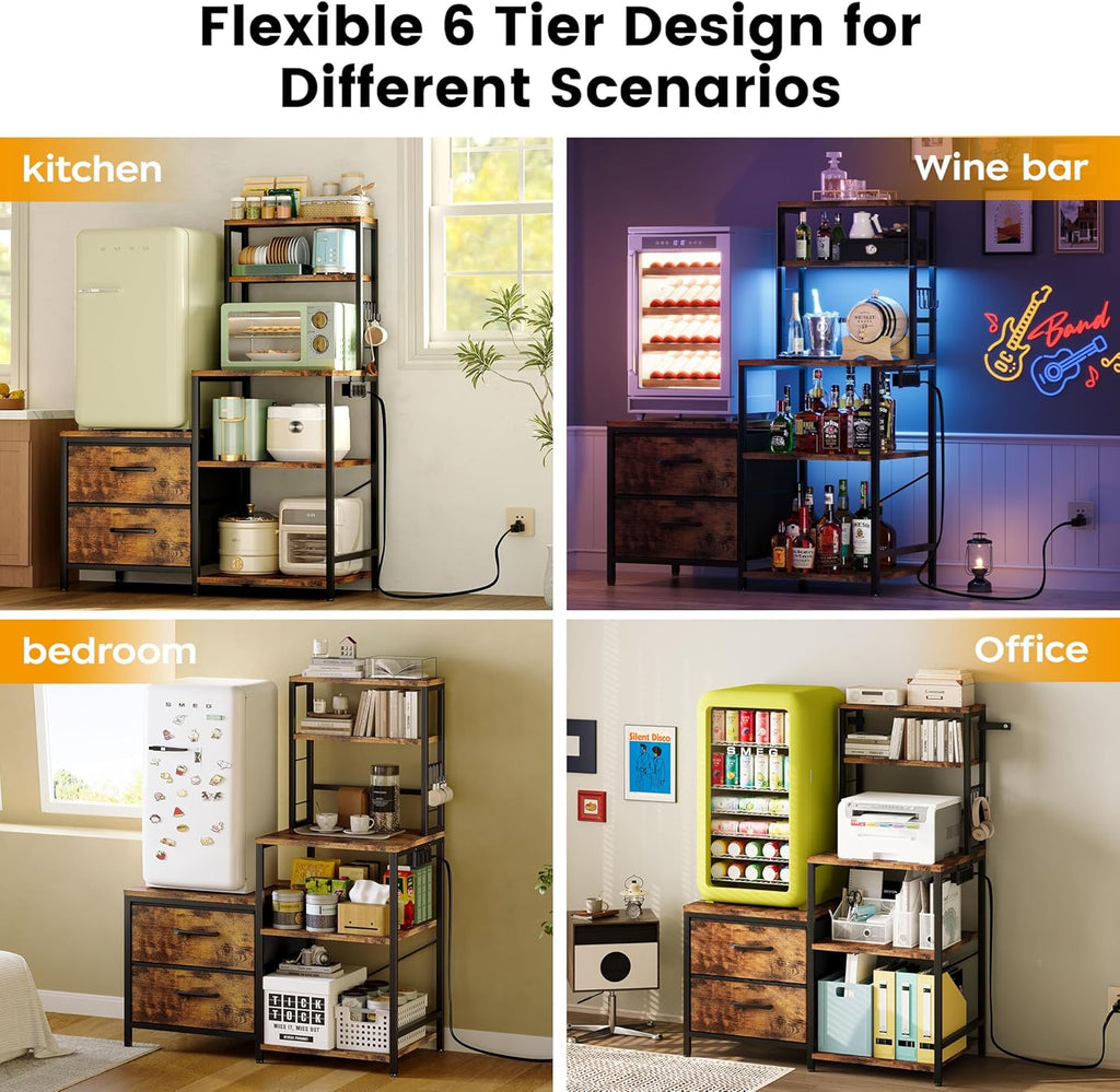 Homeiju Mini Fridge Stand Coffee Bar Cabinet with 5 Storage Shelves and 2 Large Drawers, Baker Rack with Power Outlet, Mini Fridge Shelf for Kitchen, Living Room, Office, Rustic Brown