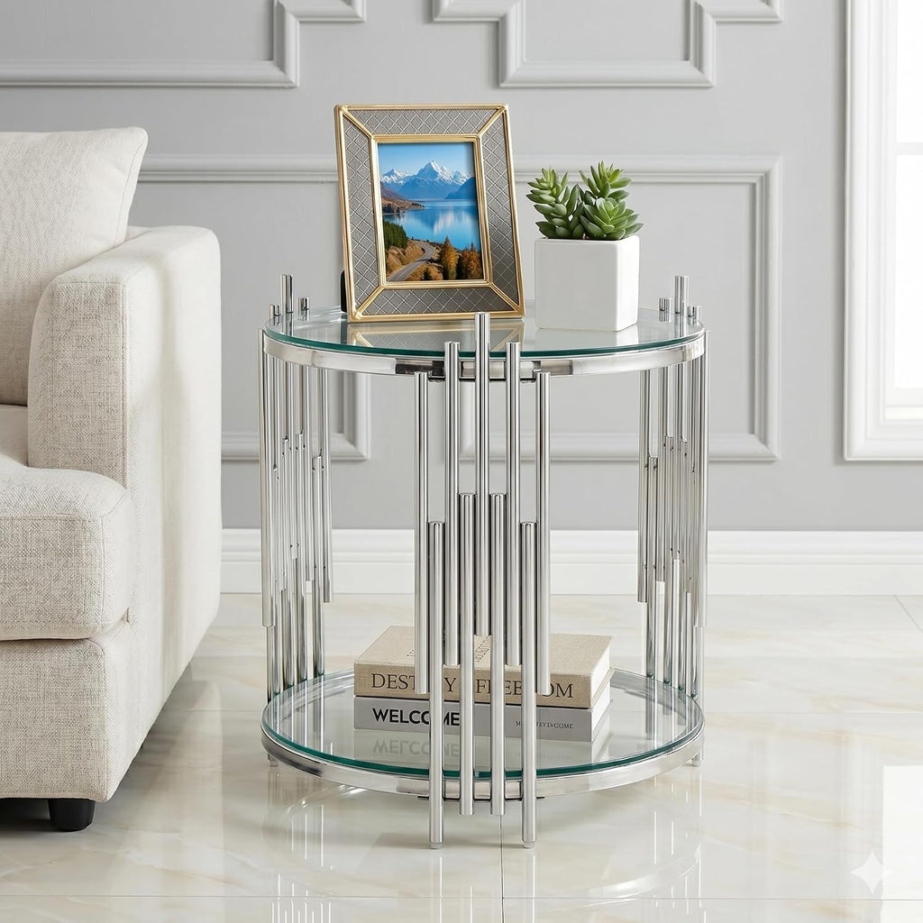 SSLine Round Glass Side Table with Silver Stainless Steel Frame Luxury Circle 2-Tier End Table for Living Room Modern Elegant Bedside Table with Storage Shelves for Home Office