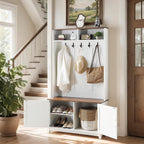 EROMMY 38" Farmhouse Hall Tree with Bench and Shoe Storage, Entryway Bench with Coat Rack, 2 Open Compartments, 5 Coat Hooks, Barn Door & Adjustable Shelf, Rustic White and Brown