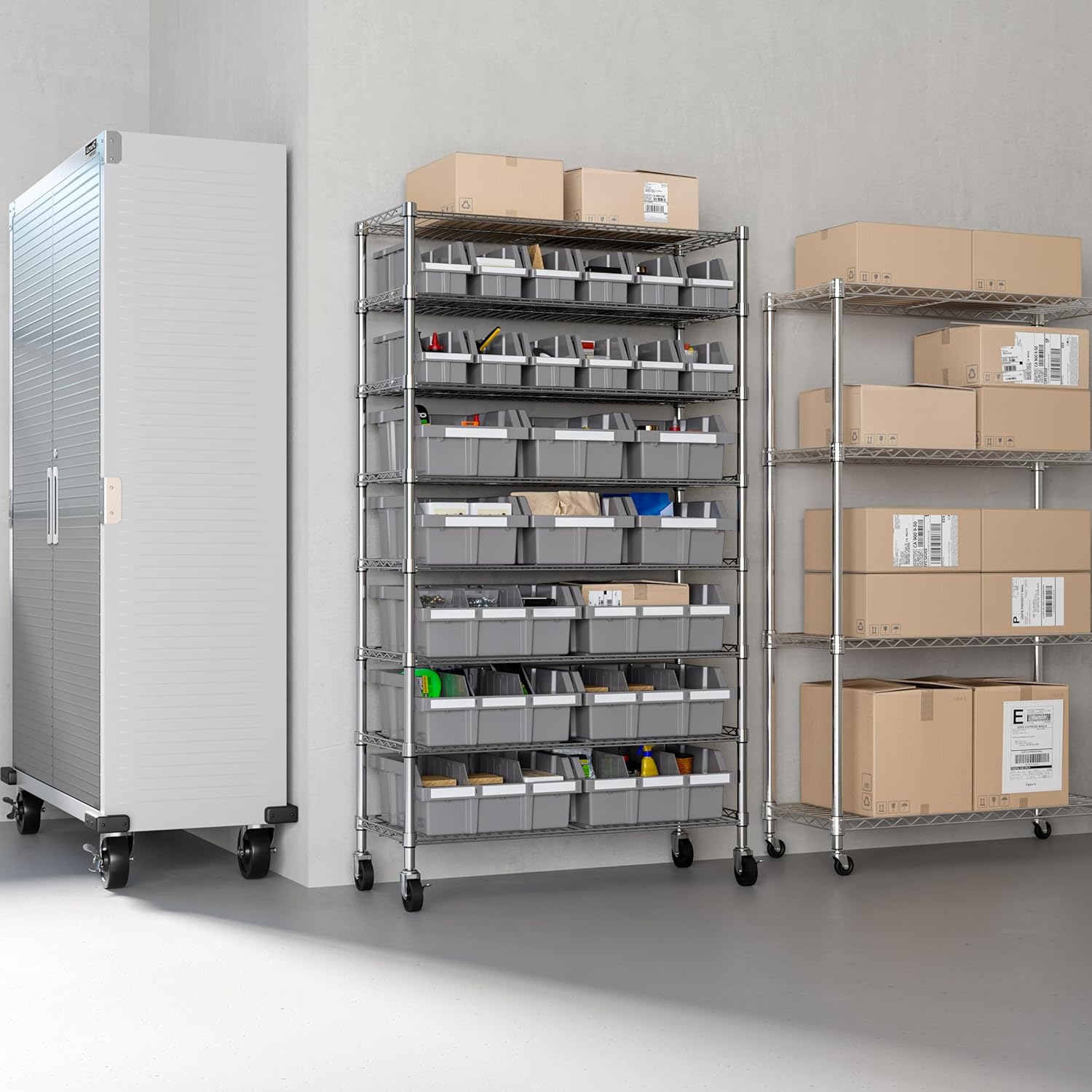 Seville Classics Heavy Duty NSF Bin Rack Solid Steel Wire Shelving Storage Unit, Patented Organizer for Garage, Warehouse, Office, Restaurant, Classroom, Kitchen, Gray, 8-Tier Includes 24 Bins