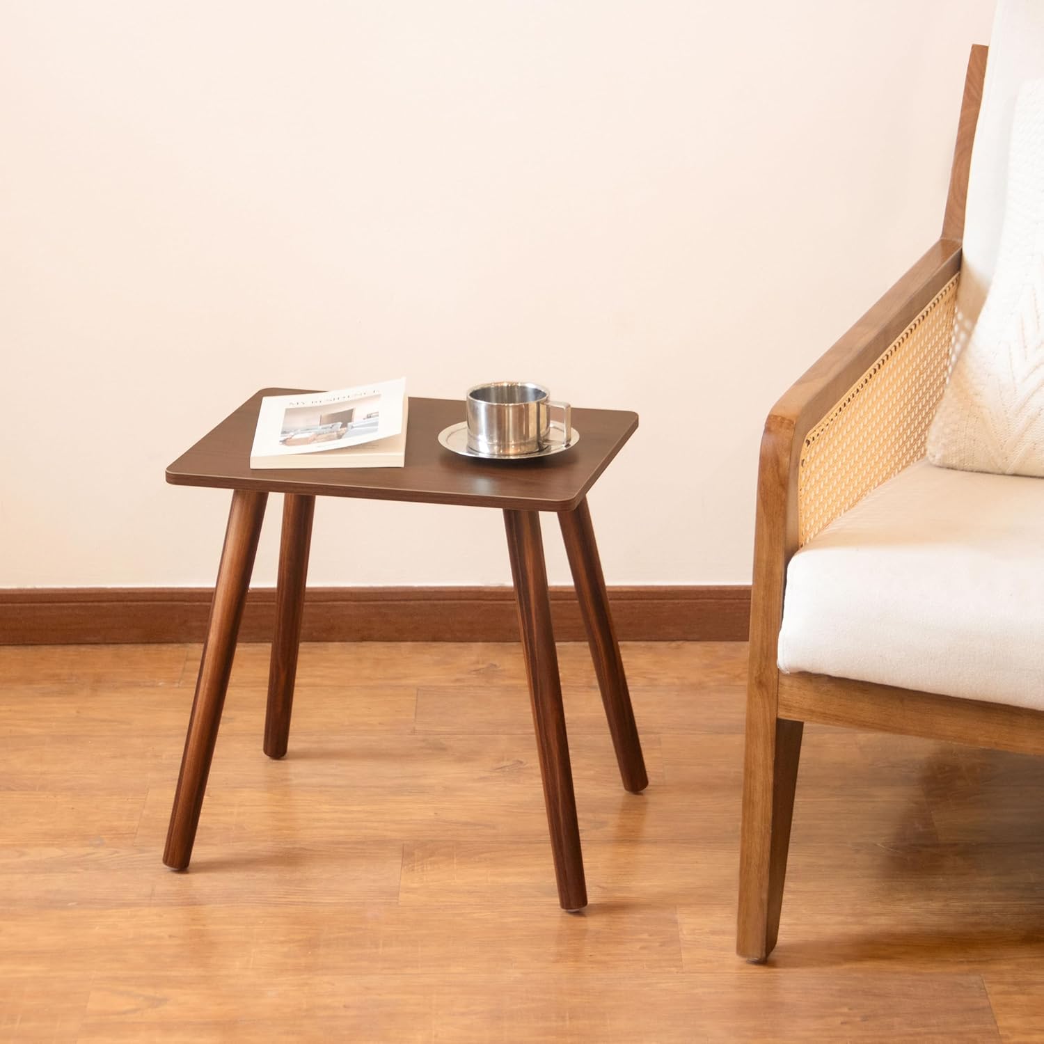 Small Side Table, Mid Century Modern End Tables Living Room, Wood Accent Bed Side Table with Solid Wood for Bedroom, Office, Small Spaces, Walnut Brown