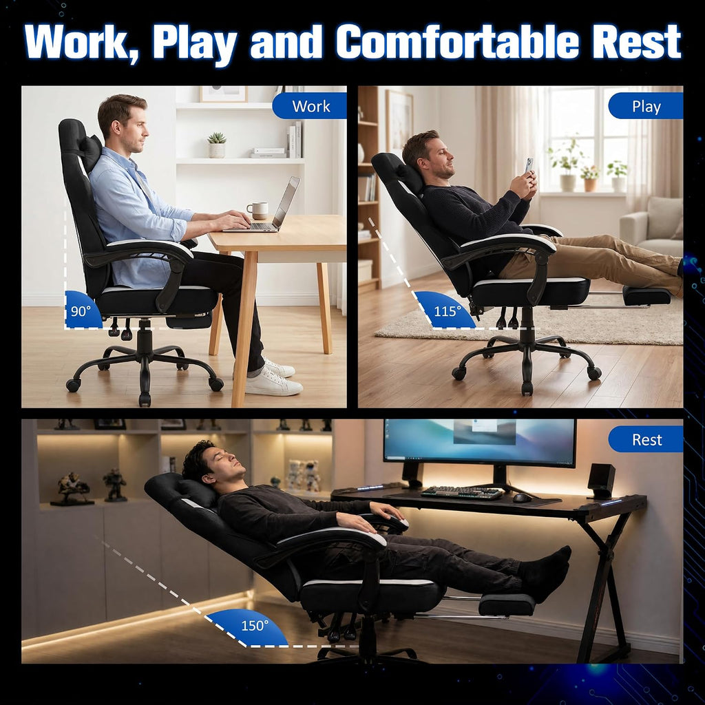 Gaming Chair with Footrest Fabric Gaming Chair for Adults with Massage Lumbar Support, High Back Ergonomic Computer Chair, Pocket Spring Cushion, 150°Reclining & Linkage Armrests, Black