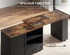 RALGEND Rolling Kitchen Island with 360° Swivel Tabletop, Large Kitchen Island Table with Power Outlet, Mobile Kitchen Island Cart with Storage Cabinets for Kitchen & Office, Black and Rustic Brown