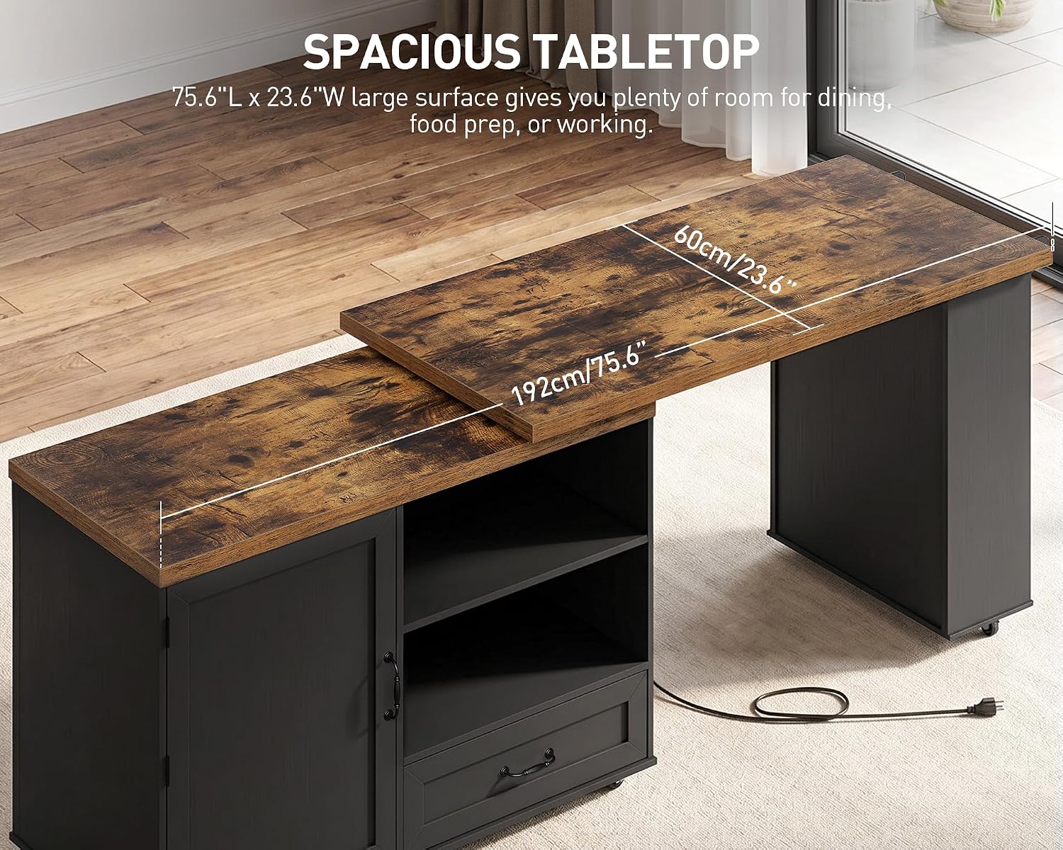 RALGEND Rolling Kitchen Island with 360° Swivel Tabletop, Large Kitchen Island Table with Power Outlet, Mobile Kitchen Island Cart with Storage Cabinets for Kitchen & Office, Black and Rustic Brown