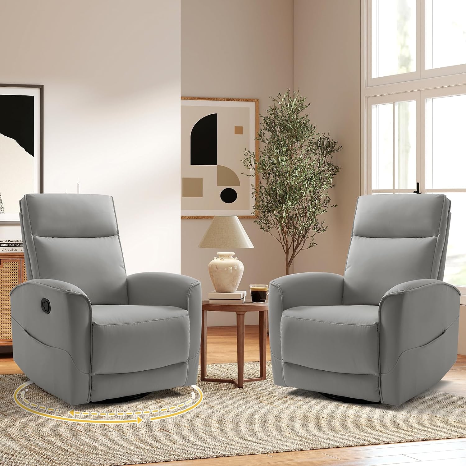 HAOMARKETS Swivel Rocker Recliner Chair Set of 2, Manual Faux Leather Glider Rocking Recliners for Adults, 360° Swivel Nursery Reclining Sofa with Storage Pocket