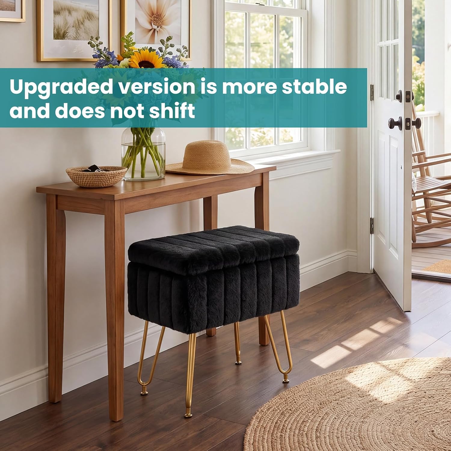 DUMOS Vanity Stool Chair with Storage, Small Ottoman Faux Fur Soft Padded Footstools Seat with 4 Metal Legs Anti-Slip Adjustable Feet Modern Footrest for Home Entryway Bedroom Makeup Black