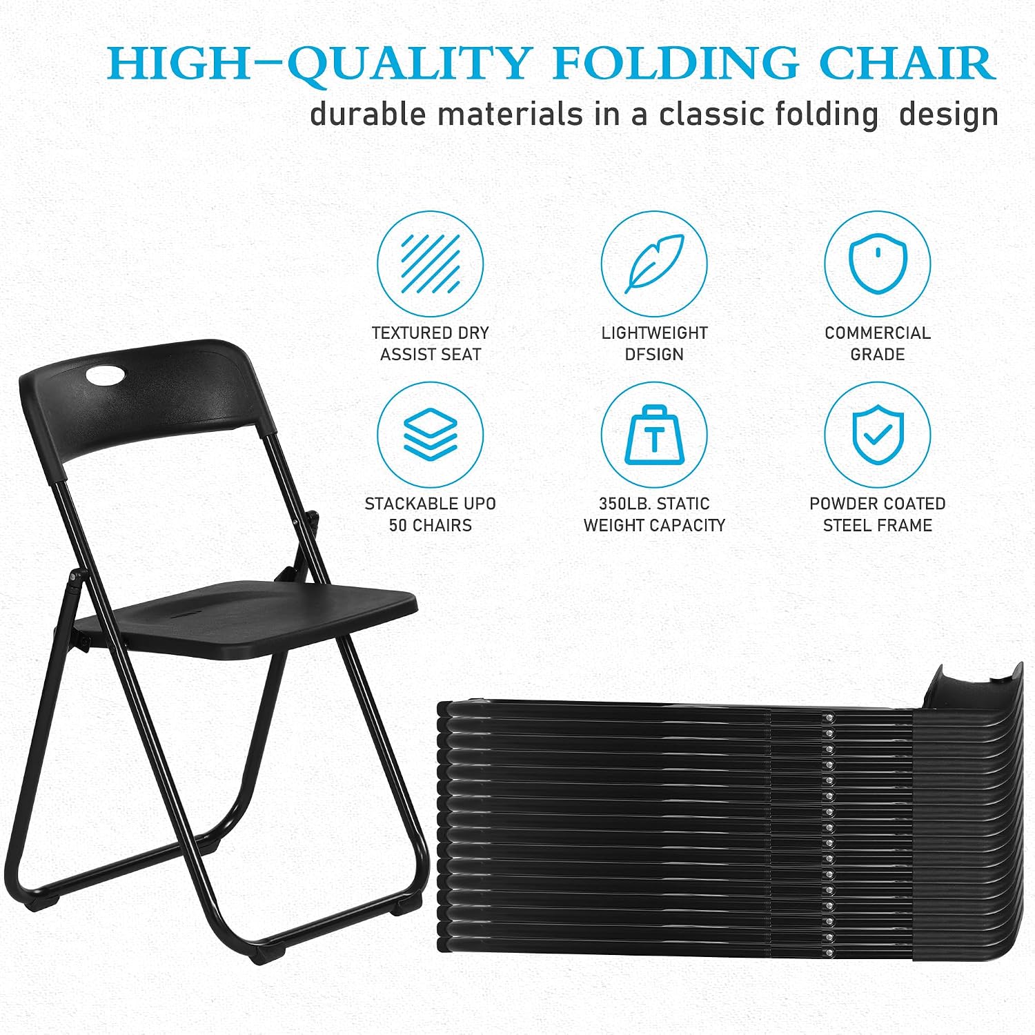 10 Pack Black Plastic Folding Chairs, Indoor Outdoor Portable Stackable Commercial Seats with Steel Frame for Home Office Wedding Party Events Kitchen Dining, 350lb Capacity