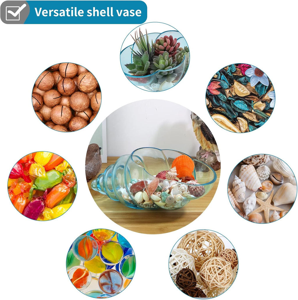MDLUU Glass Shell Vase, 11-Inch Seashell Potpourri Holder, Large Decorative Conch Bowl for Shell Collection Display, Sea Glass, Air Plant(Blue)