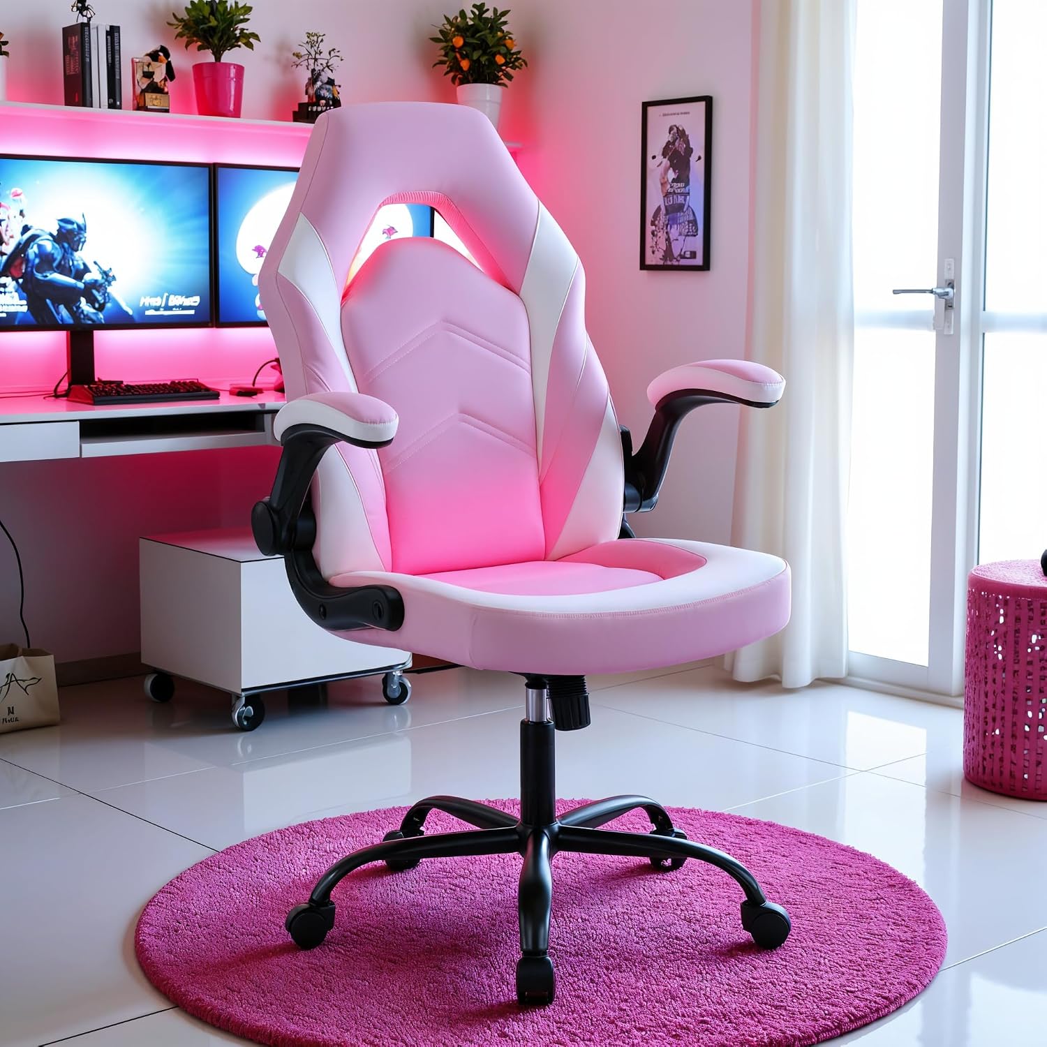 Ergonomic Gaming Desk Chair - Adjustable PU Leather Swivel Racing Chair with Flip-up Armrests for Home Office and Entertainment, Perfect for Adults, Kids, and Gamers