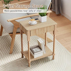 23.6” Large End Table with Charging Station,Modern Farmhouse Side Table with Drawer&Open Shelf, Fluted Wood Bedside Table Sofa Tables Night Stand for Bedroom Living Room Home Office,Natural