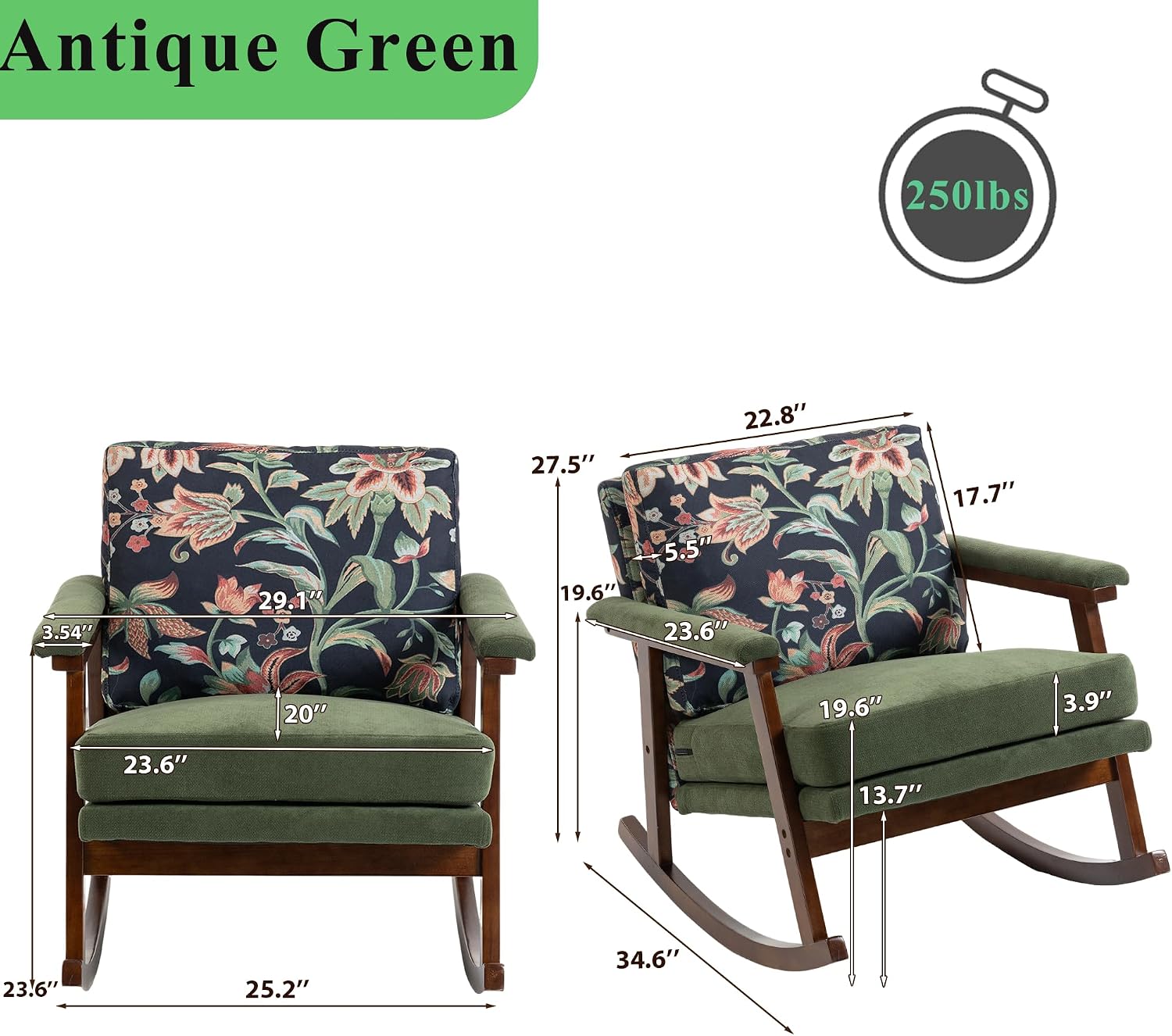 Rocking Chair Nursery with Sponge Cushion, Comfortable Accent Chair with Lumbar Support, Glider Armchair with Removable Seat & Back Pad for Living Room Bedroom Office Sunroom Indoor, Antique Green