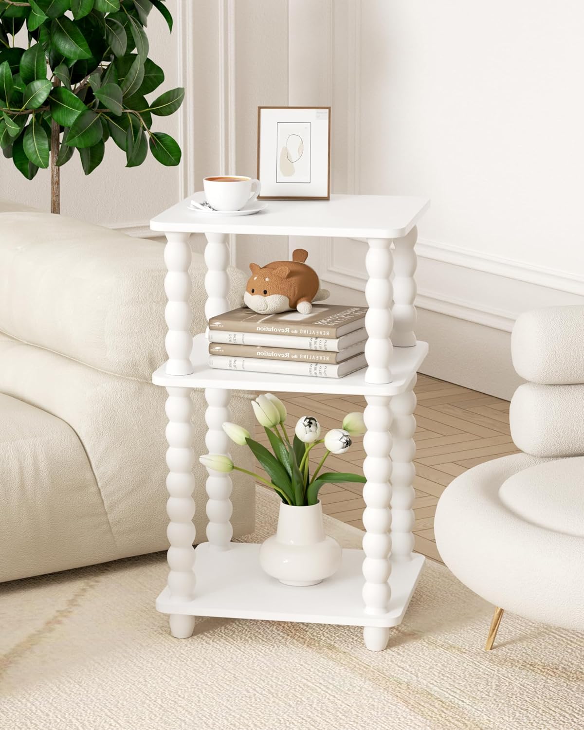 Tohiasen 3 Tier Side Table - Compact End Table with Solid Wood Legs, Small Nightstand with Open Shelves for Living Room Bedroom Office Nursery Small Spaces (White, Rectangular)