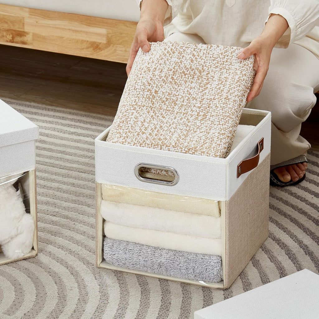 Ultra Thick Fabric Storage Cubes with Lids & Windows, 11-Inch Foldable Closet Storage Bins with 3 Handles, Home Decorative Boxes for Bedroom, Living Room, Dorm, Office (Beige & White)