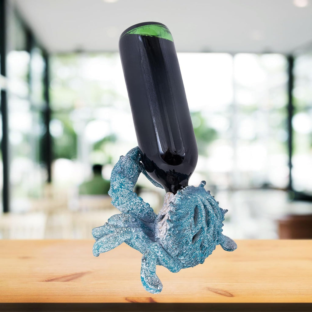 Coral Reef Crab Wine Bottle Holder Countertop Bar Single Wine Holder Nautical Coastal Decor (Aqua)