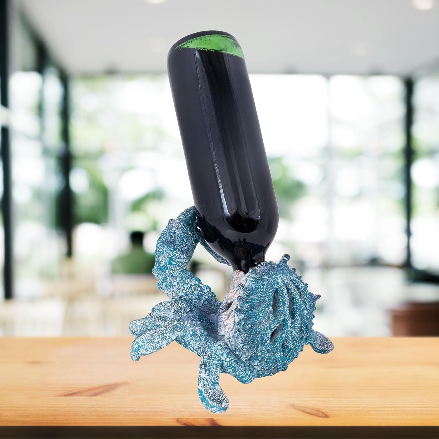 Coral Reef Crab Wine Bottle Holder Countertop Bar Single Wine Holder Nautical Coastal Decor (Aqua)
