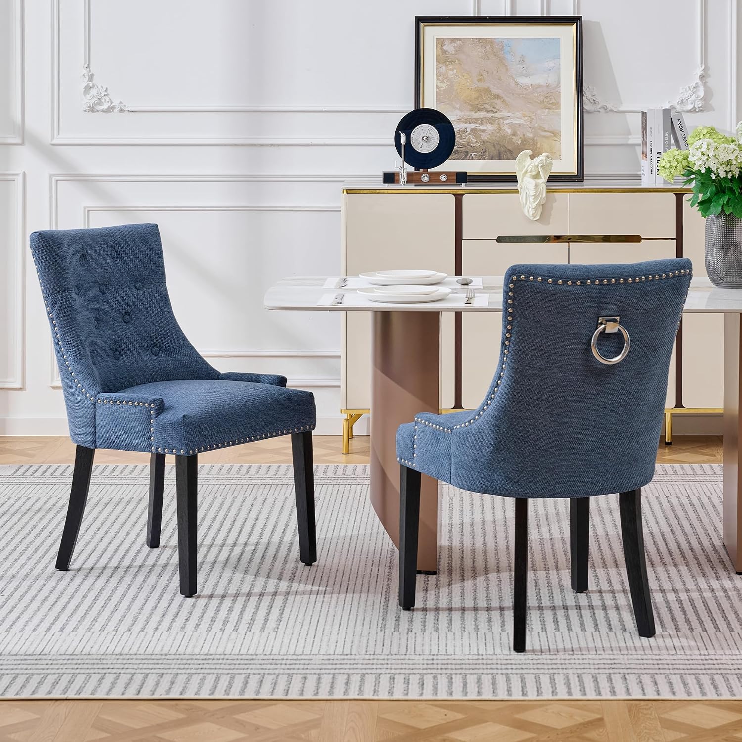 adochr Dining Chairs Set of 4, Upholstered Fabric Dining Room Chairs with Nailhead High Back & Ring Pull & Wooden Legs, Mid-Century Modern Kitchen Chairs for Restaurant, Living Room, Navy Blue