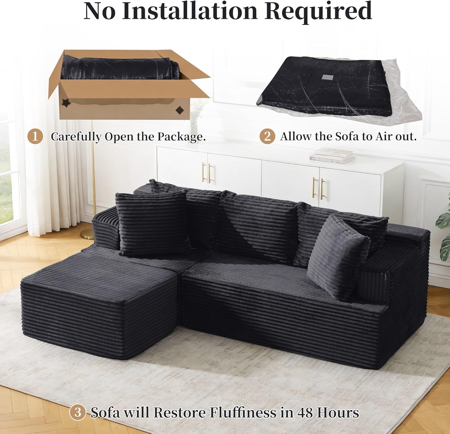 Korser Cloud Modular Sectional Sofa with L-Shaped, Boneless Couches for Living Room, Fluffy Comfy Corduroy Deep Seat with Ottoman, Bedroom, Apartment, No Assembly Required