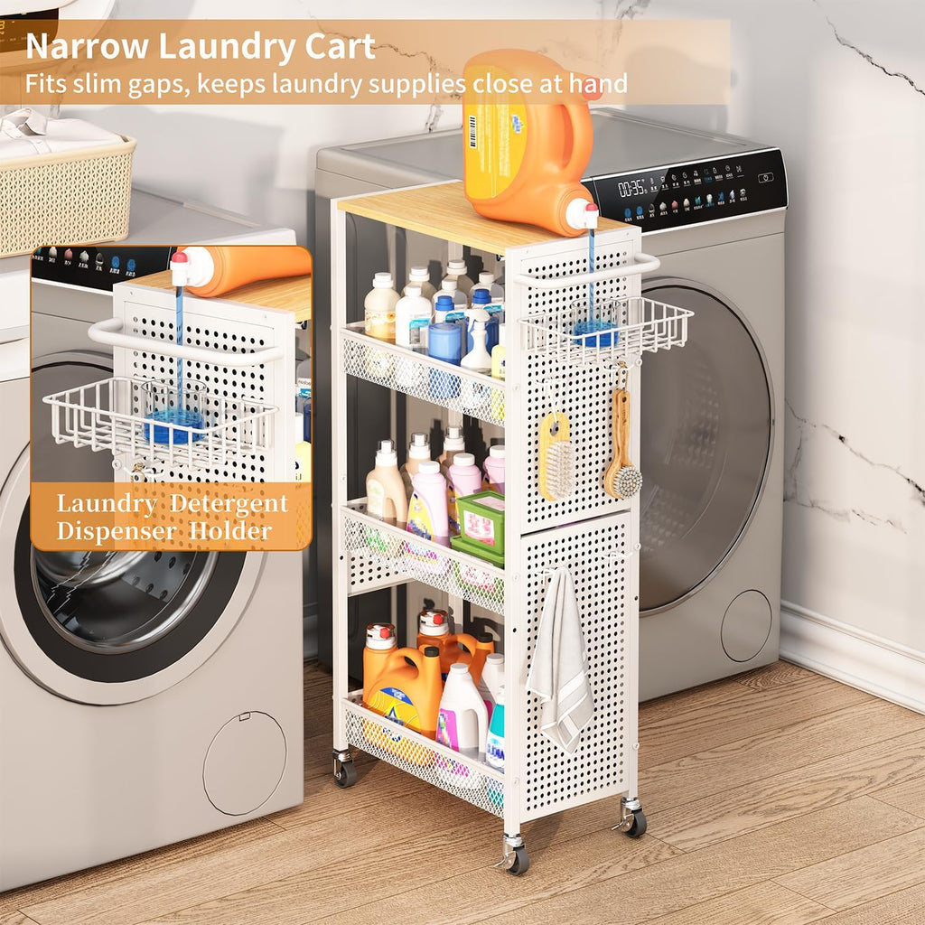 Slim Storage Rolling Cart: 4-Tier Narrow Metal & Wood Utility Cart with Wheels for Kitchen/Laundry/Bathroom(White)